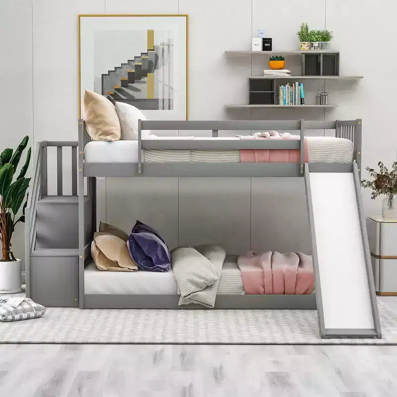 Wood Twin over Twin Bunk Bed with Convertible Slide and Stairway