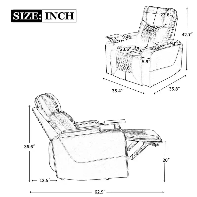 Fotel z elektrycznym podnośnikiem i funkcją rozkładania, 35.8L x 37.8W x 42.1H, z portem USB do ładowania, 2 uchwytami na kubki i obrotowym stolikiem na tacy