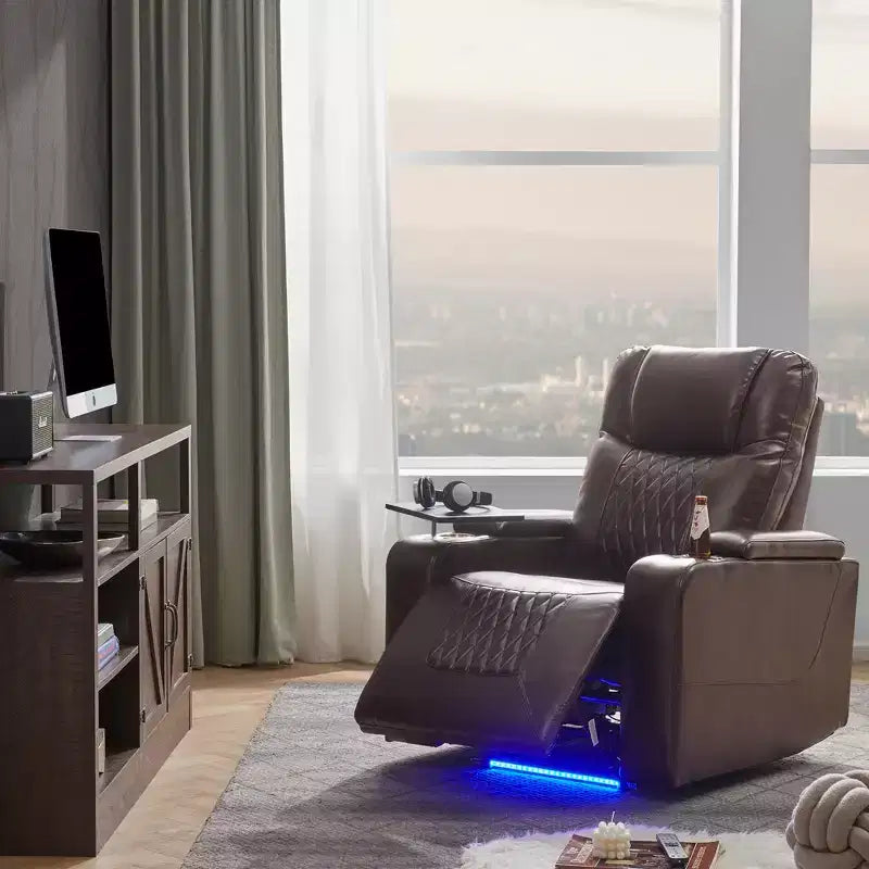 Fotel z elektrycznym podnośnikiem i funkcją rozkładania, 35.8L x 37.8W x 42.1H, z portem USB do ładowania, 2 uchwytami na kubki i obrotowym stolikiem na tacy