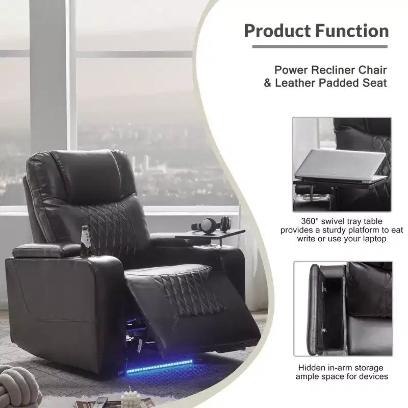 Fotel z elektrycznym podnośnikiem i funkcją rozkładania, 35.8L x 37.8W x 42.1H, z portem USB do ładowania, 2 uchwytami na kubki i obrotowym stolikiem na tacy
