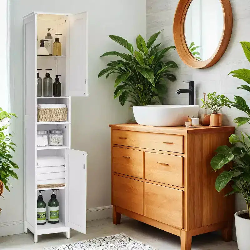 Modern Slim Storage Cabinet with Adjustable Shelves - Tall Freestanding Organizer