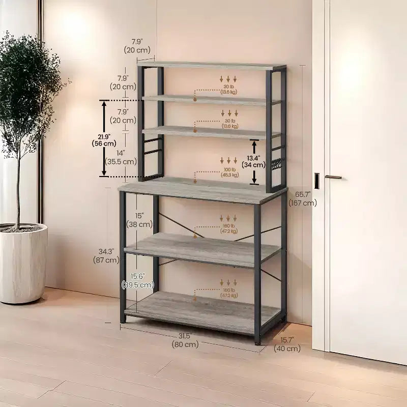 Coffee Bar, 31.5-Inch Baker's Rack for Kitchen with Storage, Featuring 6-Tier Kitchen Shelves and 6 Hooks, Ideal as a Microwave Stand