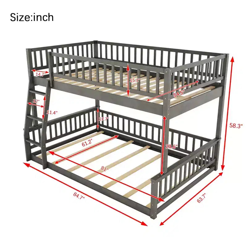 Letto a castello robusto Full XL sopra Queen, struttura resistente in MDF, design smontabile, supporto a doghe in legno e sponde di sicurezza