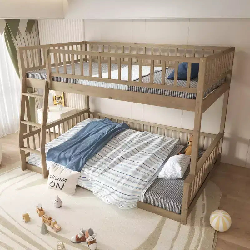 Letto a castello robusto Full XL sopra Queen, struttura resistente in MDF, design smontabile, supporto a doghe in legno e sponde di sicurezza