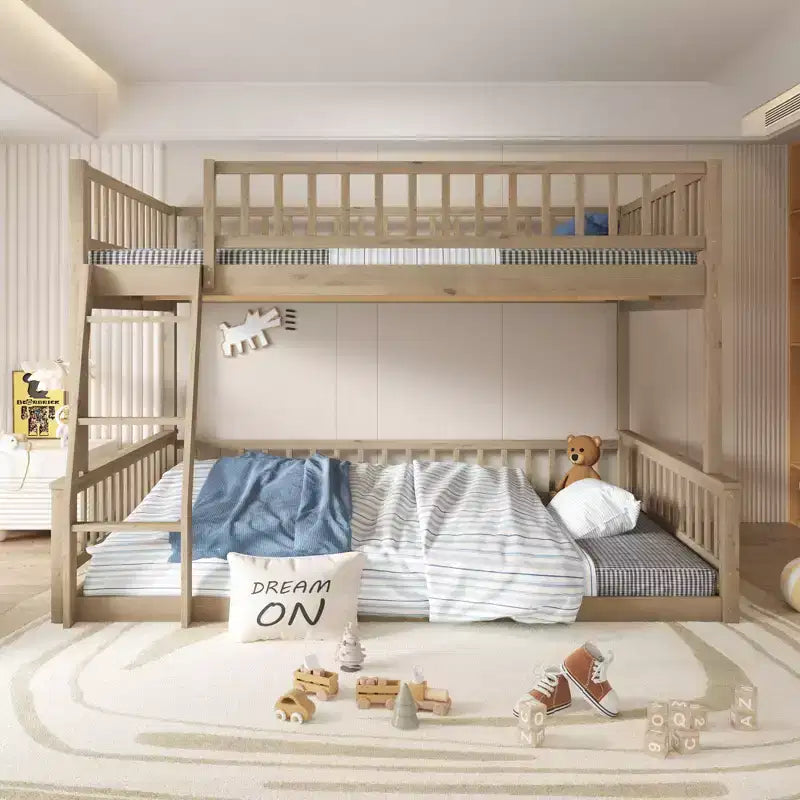 Letto a castello robusto Full XL sopra Queen, struttura resistente in MDF, design smontabile, supporto a doghe in legno e sponde di sicurezza