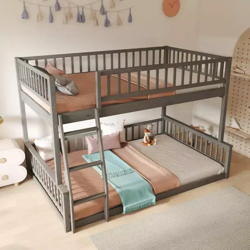 Full XL over Queen Sturdy Bunk Bed, Durable MDF Construction, Detachable Design, Wood Slat Support, Guard Rails