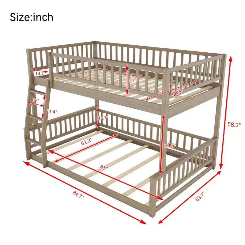 Letto a castello robusto Full XL sopra Queen, struttura resistente in MDF, design smontabile, supporto a doghe in legno e sponde di sicurezza