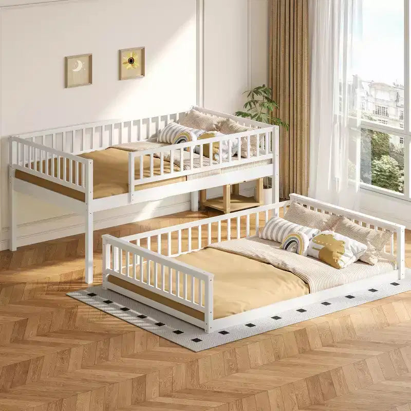 Letto a castello robusto Full XL sopra Queen, struttura resistente in MDF, design smontabile, supporto a doghe in legno e sponde di sicurezza