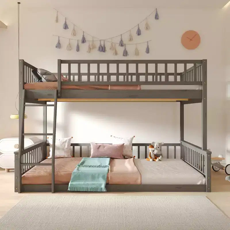Full XL over Queen Sturdy Bunk Bed, Durable MDF Construction, Detachable Design, Wood Slat Support, Guard Rails
