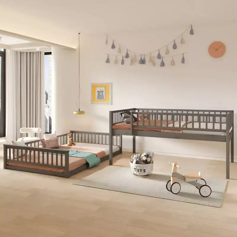 Letto a castello robusto Full XL sopra Queen, struttura resistente in MDF, design smontabile, supporto a doghe in legno e sponde di sicurezza