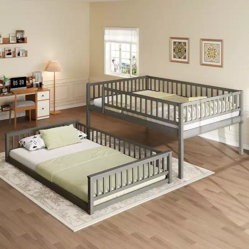 Letto a castello robusto Full XL sopra Queen, struttura resistente in MDF, design smontabile, supporto a doghe in legno e sponde di sicurezza