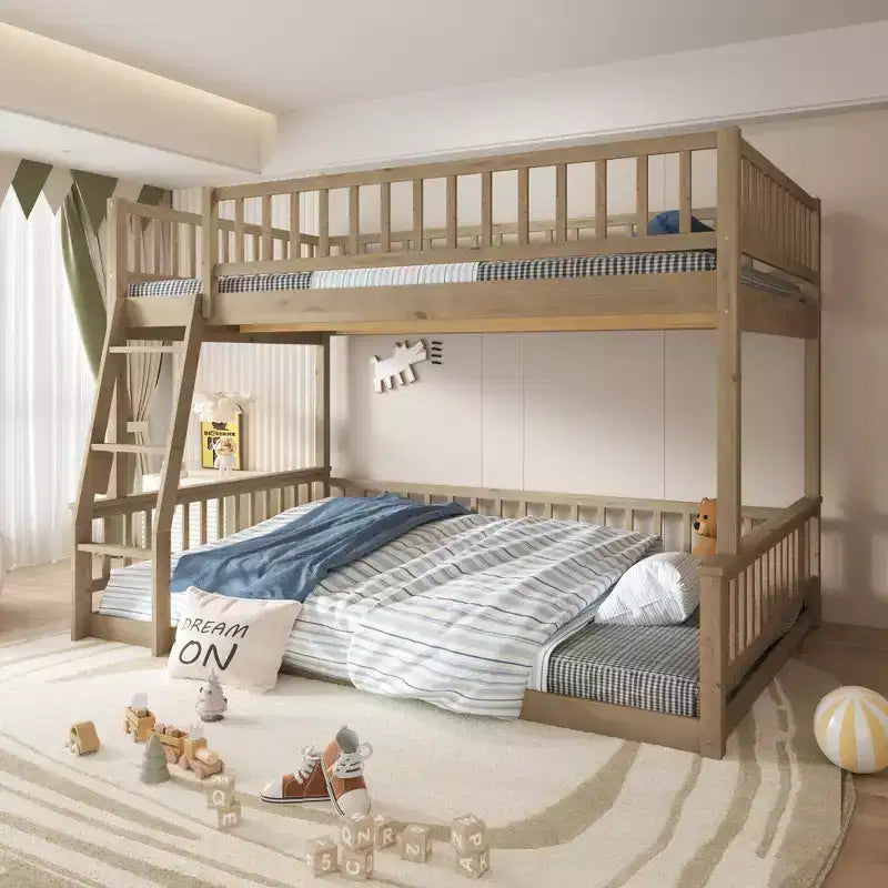 Full XL over Queen Sturdy Bunk Bed, Durable MDF Construction, Detachable Design, Wood Slat Support, Guard Rails