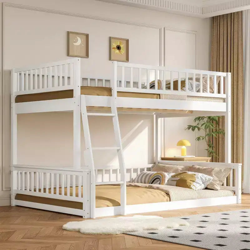 Full XL over Queen Sturdy Bunk Bed, Durable MDF Construction, Detachable Design, Wood Slat Support, Guard Rails
