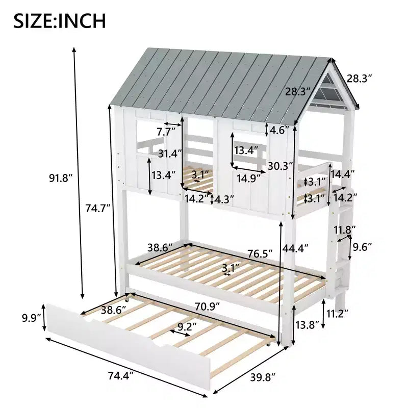 Letto a castello Roof per materassi singoli con letto estraibile - bianco