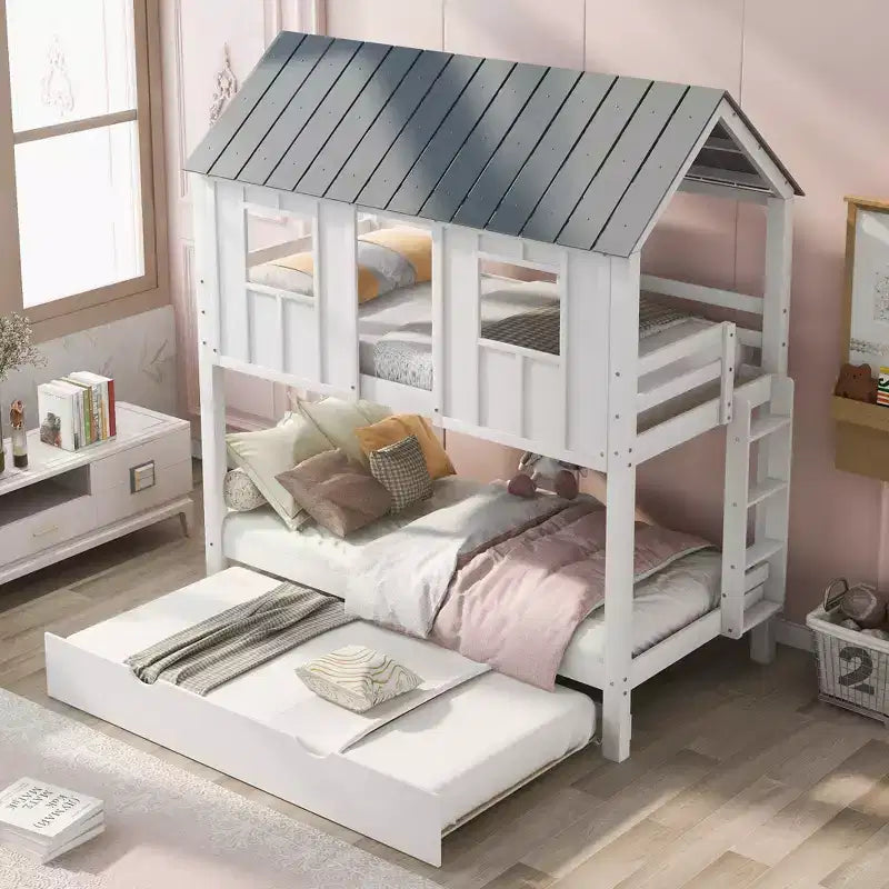 Roof Twin over Twin Bunk Bed with Trundle - White