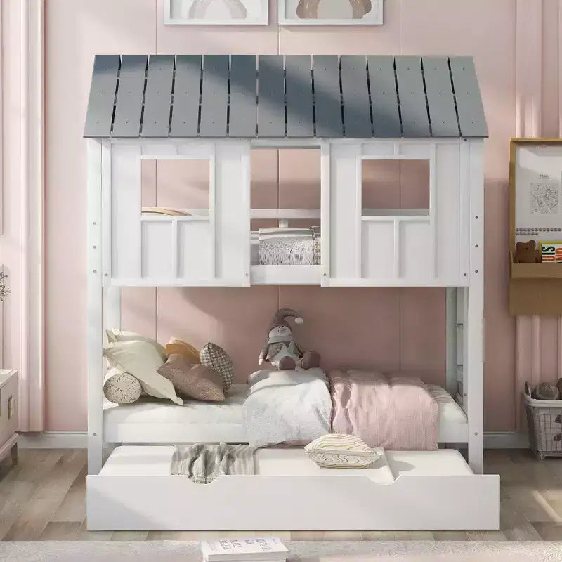 Roof Twin over Twin Bunk Bed with Trundle - White