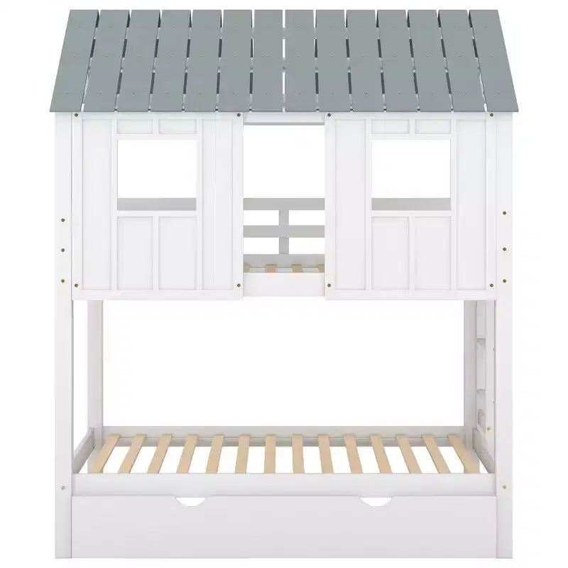 Roof Twin over Twin Bunk Bed with Trundle - White