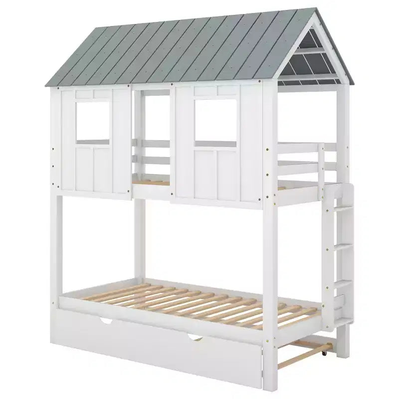Roof Twin over Twin Bunk Bed with Trundle - White