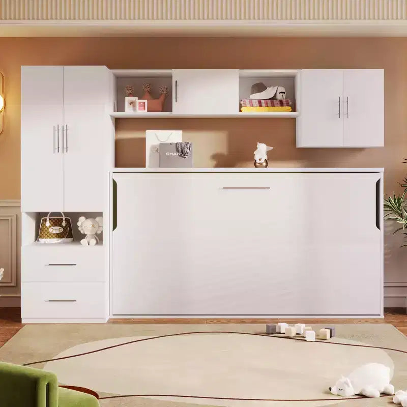 Modern Design Twin Size Murphy Bed with Built-in Wardrobe, Open Shelves and Storage Drawers - White