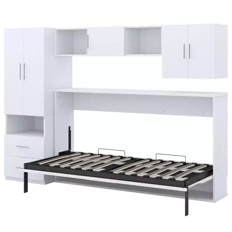 Modern Design Twin Size Murphy Bed with Built-in Wardrobe, Open Shelves and Storage Drawers - White