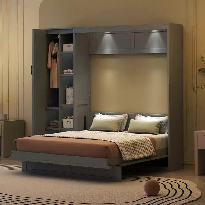 Modern Wood Murphy Bed, Folded into a Cabinet with Shelves, Wardrobe and LED Lights