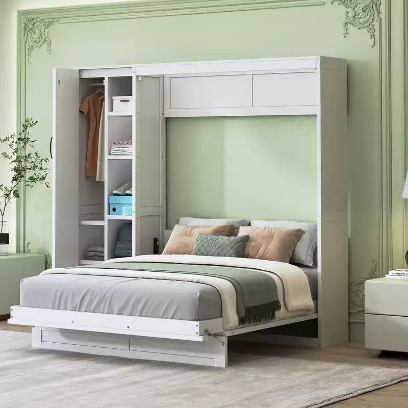 Modern Wood Murphy Bed, Folded into a Cabinet with Shelves, Wardrobe and LED Lights