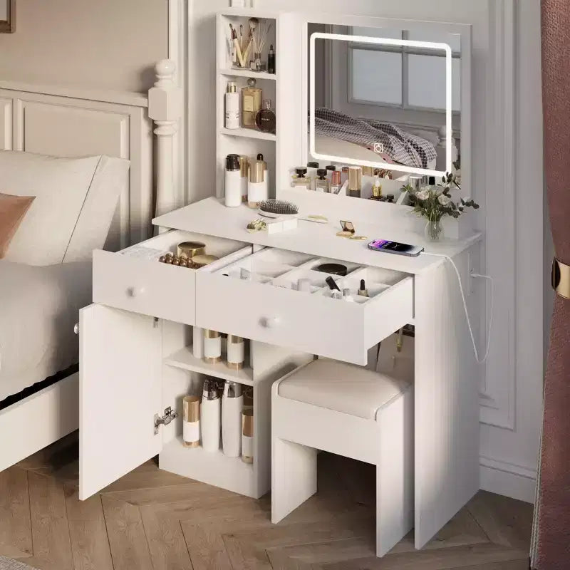 Vanity Desk with 3 Color Adjustable Mirror, Makeup Vanity with Stool and Ample Storage, Compact Vanity for Living Room, Bedroom, White