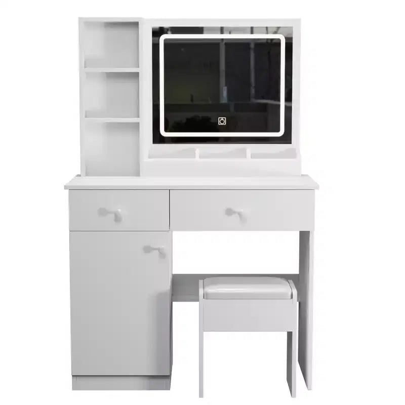 Vanity Desk with 3 Color Adjustable Mirror, Makeup Vanity with Stool and Ample Storage, Compact Vanity for Living Room, Bedroom, White