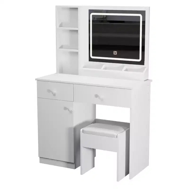 Vanity Desk with 3 Color Adjustable Mirror, Makeup Vanity with Stool and Ample Storage, Compact Vanity for Living Room, Bedroom, White