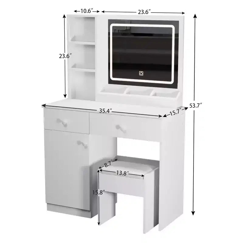 Vanity Desk with 3 Color Adjustable Mirror, Makeup Vanity with Stool and Ample Storage, Compact Vanity for Living Room, Bedroom, White