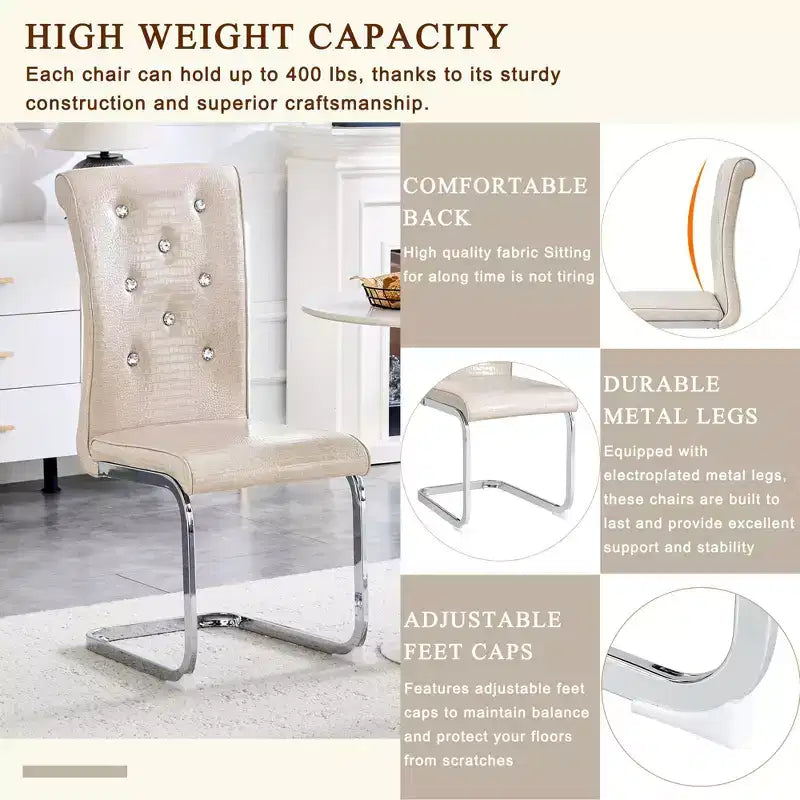 2PCS Alligator Skin Kitchen Chairs with Crystal Buckle,PVC Leather Dining Chairs with Electroplated Bow Legs,400 lbs Capacity