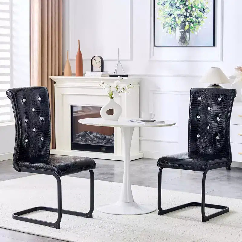 2PCS Alligator Skin Kitchen Chairs with Crystal Buckle,PVC Leather Dining Chairs with Electroplated Bow Legs,400 lbs Capacity