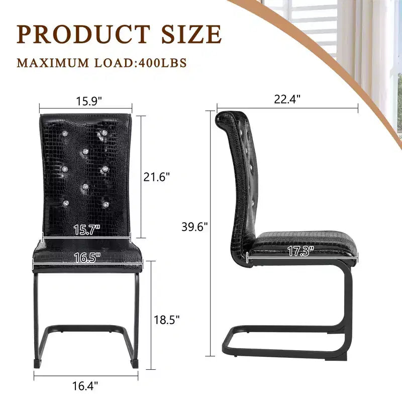 2PCS Alligator Skin Kitchen Chairs with Crystal Buckle,PVC Leather Dining Chairs with Electroplated Bow Legs,400 lbs Capacity