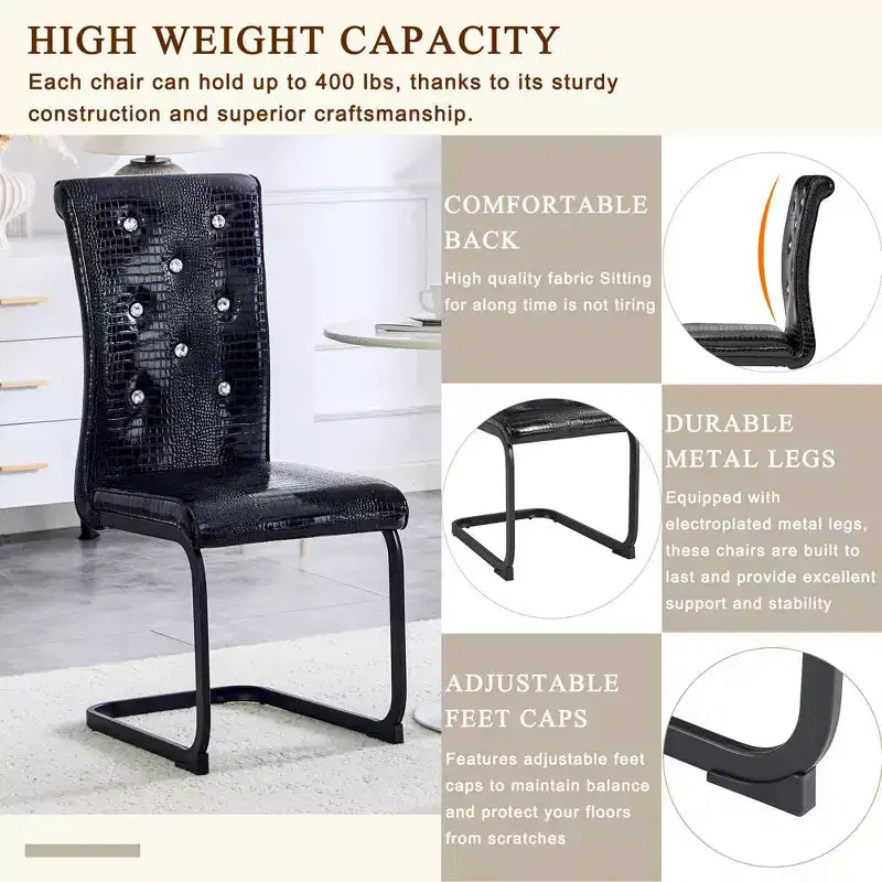 2PCS Alligator Skin Kitchen Chairs with Crystal Buckle,PVC Leather Dining Chairs with Electroplated Bow Legs,400 lbs Capacity