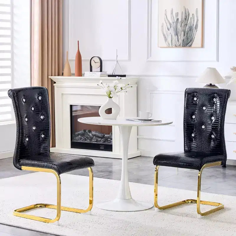 2PCS Alligator Skin Kitchen Chairs with Crystal Buckle,PVC Leather Dining Chairs with Electroplated Bow Legs,400 lbs Capacity