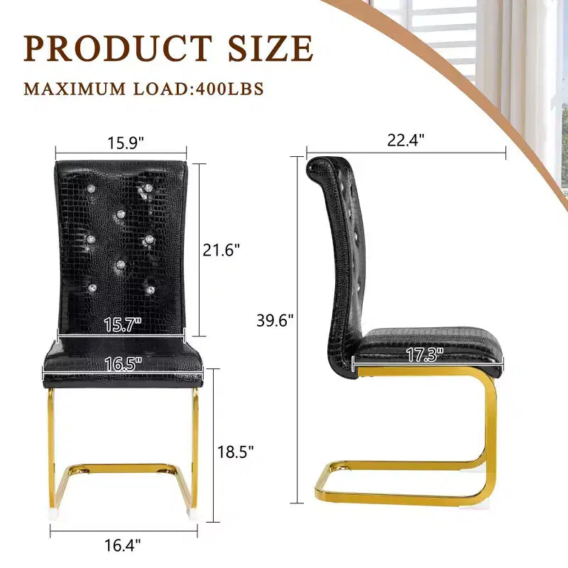 2PCS Alligator Skin Kitchen Chairs with Crystal Buckle,PVC Leather Dining Chairs with Electroplated Bow Legs,400 lbs Capacity