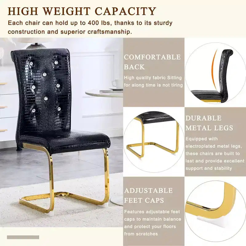 2PCS Alligator Skin Kitchen Chairs with Crystal Buckle,PVC Leather Dining Chairs with Electroplated Bow Legs,400 lbs Capacity