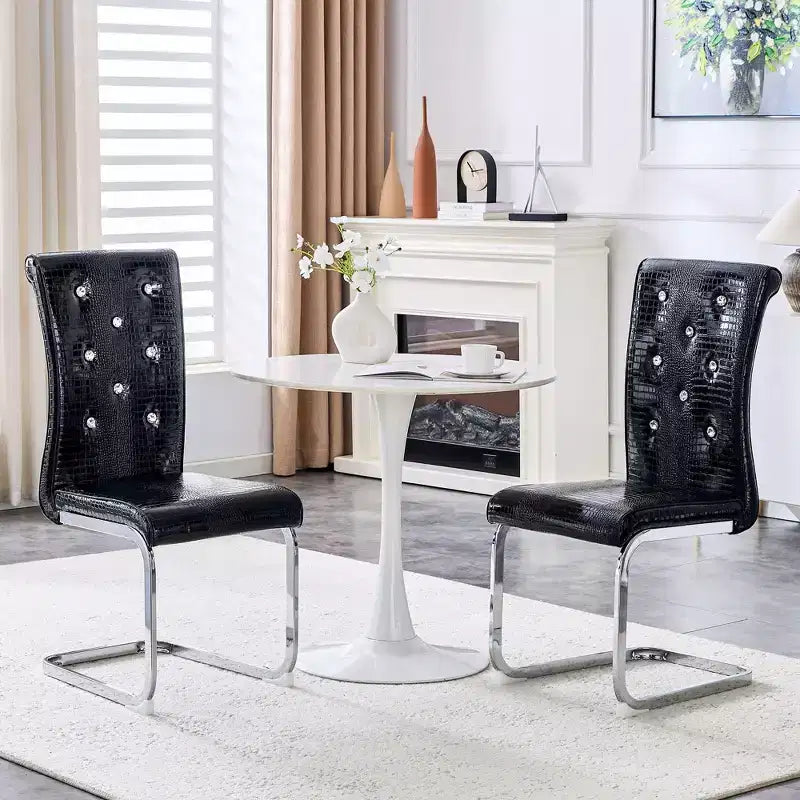 2PCS Alligator Skin Kitchen Chairs with Crystal Buckle,PVC Leather Dining Chairs with Electroplated Bow Legs,400 lbs Capacity