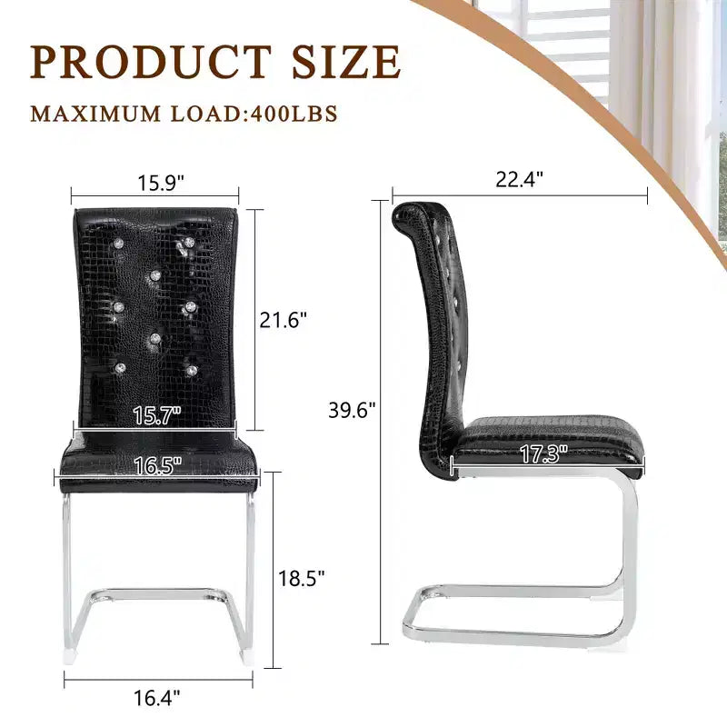 2PCS Alligator Skin Kitchen Chairs with Crystal Buckle,PVC Leather Dining Chairs with Electroplated Bow Legs,400 lbs Capacity