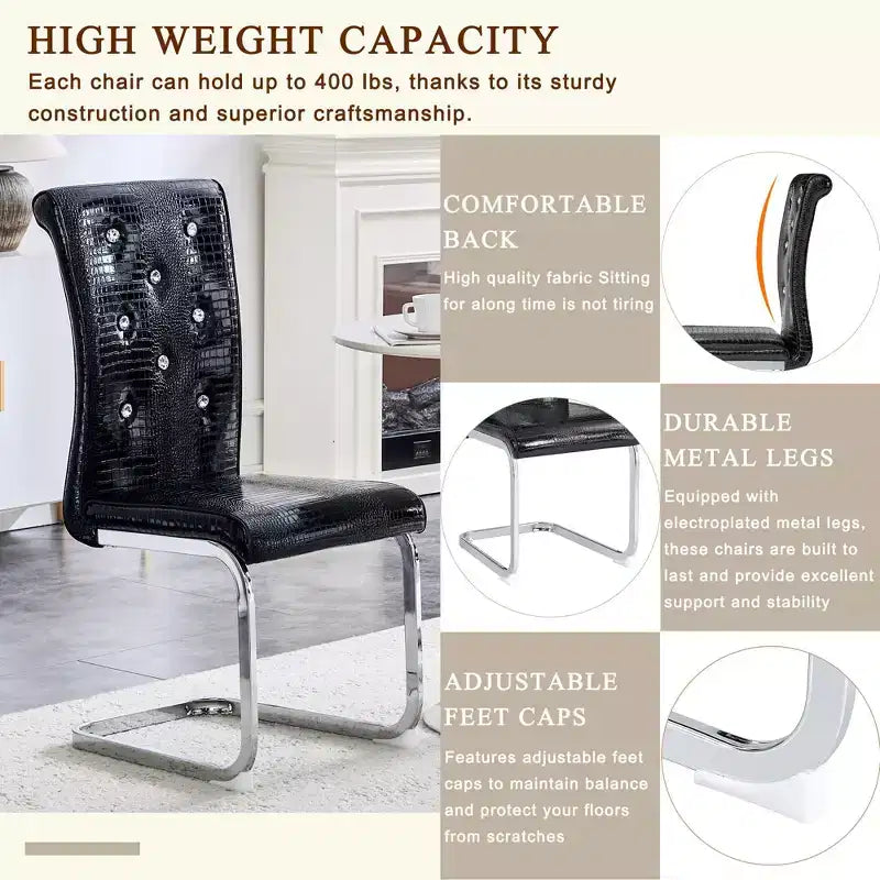 2PCS Alligator Skin Kitchen Chairs with Crystal Buckle,PVC Leather Dining Chairs with Electroplated Bow Legs,400 lbs Capacity