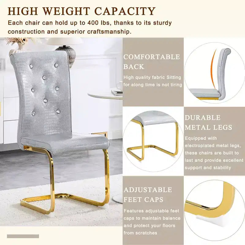 2PCS Alligator Skin Kitchen Chairs with Crystal Buckle,PVC Leather Dining Chairs with Electroplated Bow Legs,400 lbs Capacity