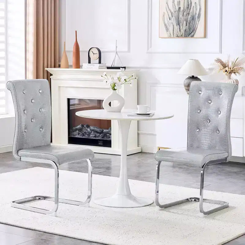 2PCS Alligator Skin Kitchen Chairs with Crystal Buckle,PVC Leather Dining Chairs with Electroplated Bow Legs,400 lbs Capacity