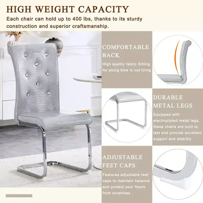 2PCS Alligator Skin Kitchen Chairs with Crystal Buckle,PVC Leather Dining Chairs with Electroplated Bow Legs,400 lbs Capacity
