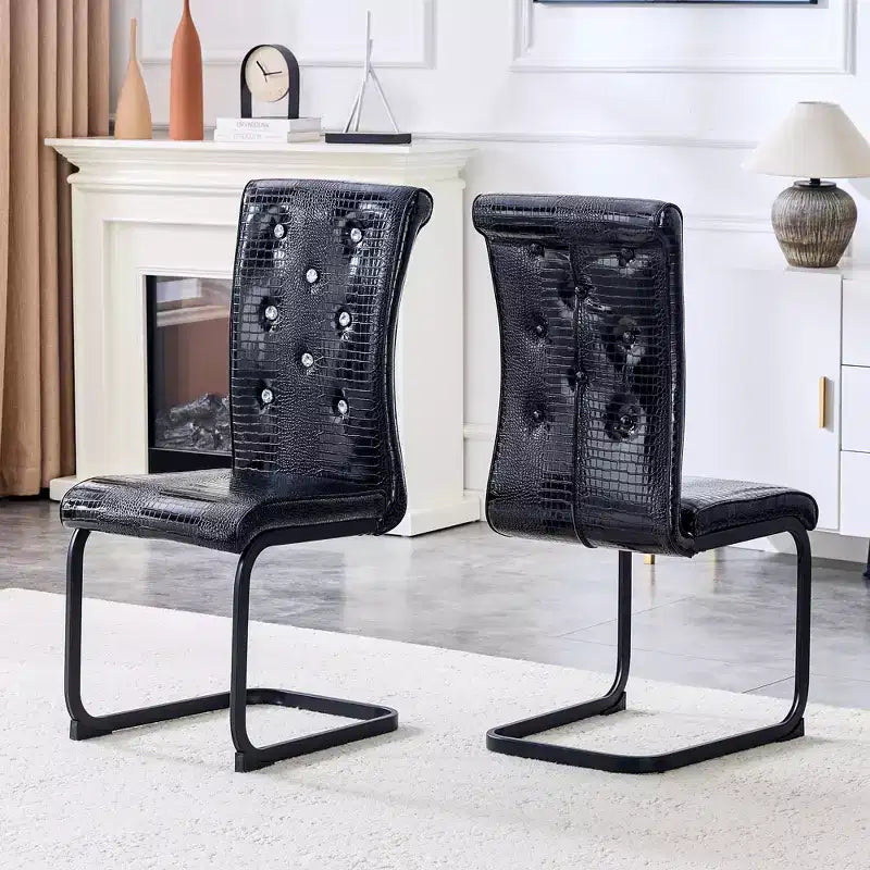 2PCS Alligator Skin Kitchen Chairs with Crystal Buckle,PVC Leather Dining Chairs with Electroplated Bow Legs,400 lbs Capacity