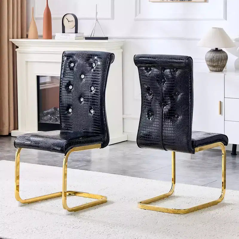 2PCS Alligator Skin Kitchen Chairs with Crystal Buckle,PVC Leather Dining Chairs with Electroplated Bow Legs,400 lbs Capacity