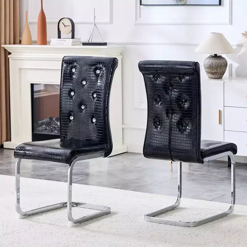 2PCS Alligator Skin Kitchen Chairs with Crystal Buckle,PVC Leather Dining Chairs with Electroplated Bow Legs,400 lbs Capacity