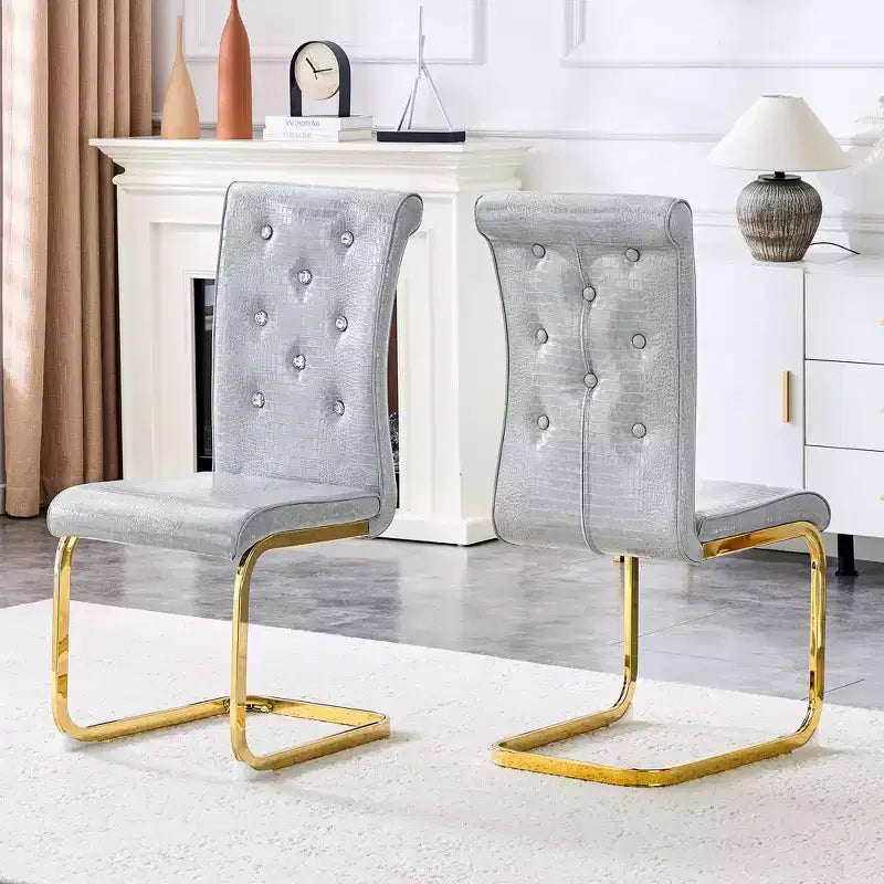 2PCS Alligator Skin Kitchen Chairs with Crystal Buckle,PVC Leather Dining Chairs with Electroplated Bow Legs,400 lbs Capacity