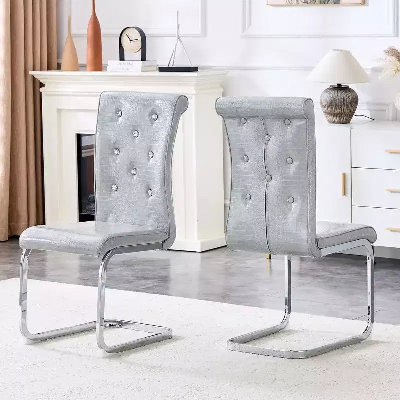 2PCS Alligator Skin Kitchen Chairs with Crystal Buckle,PVC Leather Dining Chairs with Electroplated Bow Legs,400 lbs Capacity