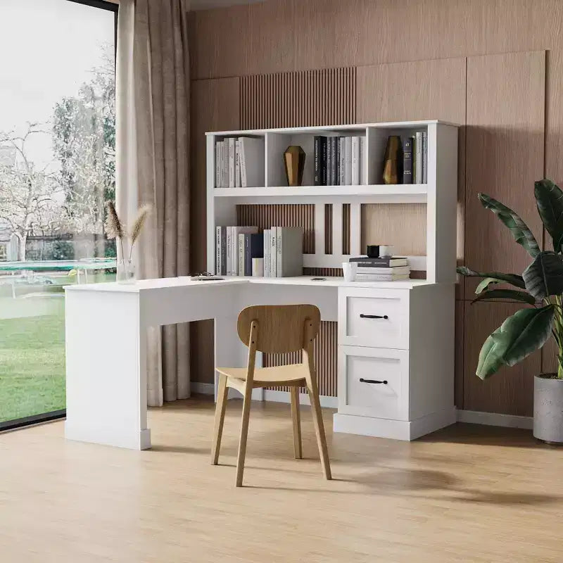 59.84 Home Office Computer Desk,Writing Desk with Hutch,2 Drawers & 2-Tier Open Shelf,Large Workstation for Study,Office,Living Room