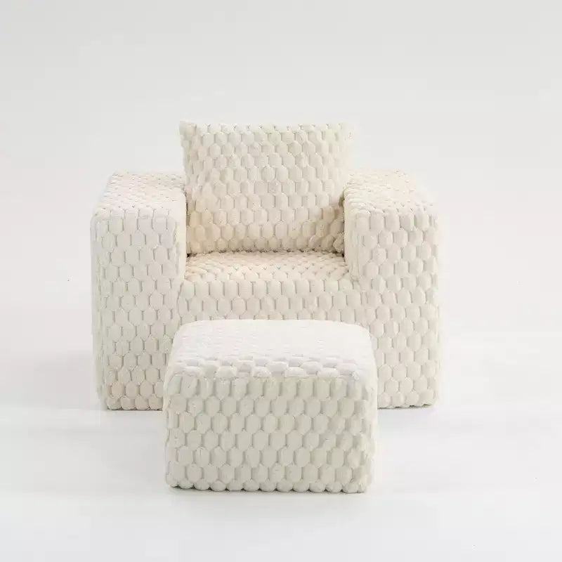 Modern Corduroy Lounge Sofa with Ottoman,Upholstered Ribbed Fabric Couch with High-Density Cushion & Throw Pillow,No Assembly Required,White